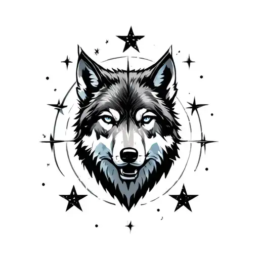 cybersigilism tattoo with a wolf in the middle, no colors, with 4 legs stars randomly around it and lines vertical tattoo design idea