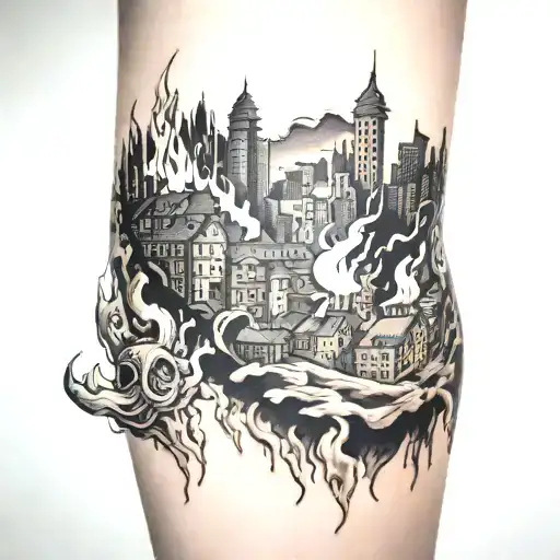 Burning city being held up my people underneath tattoo design idea