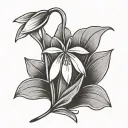 simple minimalist tattoo of a snowdrop flower for a mans forearm. black and white. buds and one flower tattoo design idea