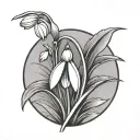 simple minimalist tattoo of a snowdrop flower for a mans forearm. black and white. buds and one flower tattoo design idea