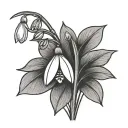 simple minimalist tattoo of a snowdrop flower for a mans forearm. black and white. buds and one flower tattoo design idea