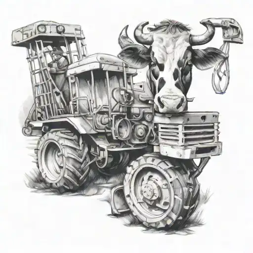 A realistic black and grey tattoo of a cow operating an excavator on a farm tattoo design idea