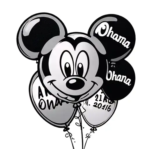 "Ohana" stitch holding 3 balloons shaped like Mickey Mouse head, with dates in the balloons  tattoo design idea