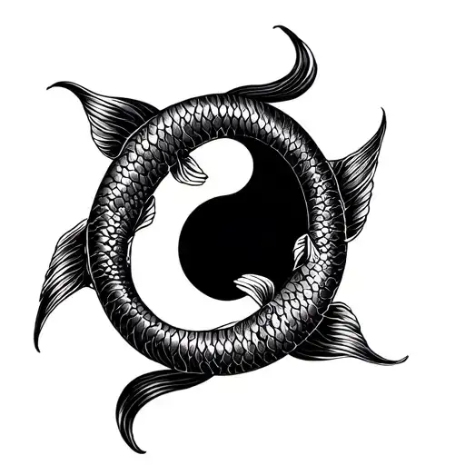 Minimalist blackwork tattoo design of the Pisces zodiac sign. Two koi fish swimming in a Yin Yang circle shape, with bol tattoo design idea