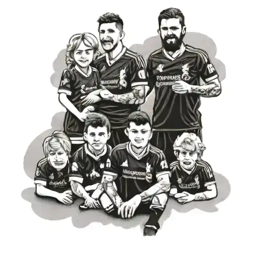 A family portrait with each member wearing a different Liverpool jersey, united by their love for the team tattoo design idea