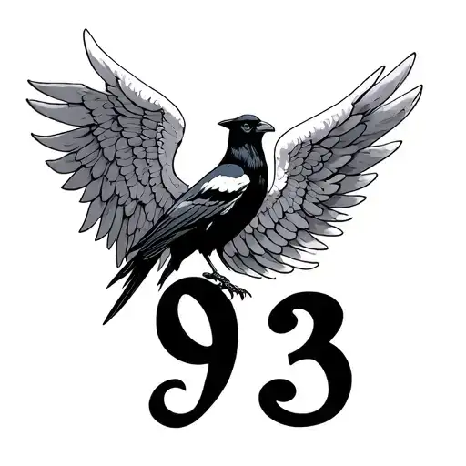 fine line angel wings with crow and number 93  tattoo design idea