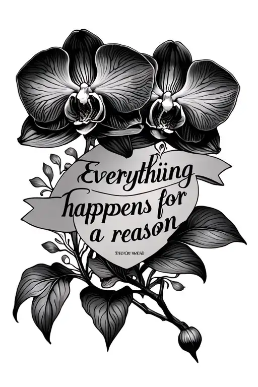 elegant softly shaded orchid, flowing leaves, and the phrase “Everything happens for a reason” in the middle tattoo design idea