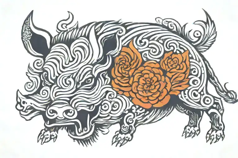 Chinese zodiac boar head and body wooden tattoo design idea