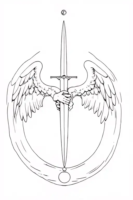 Sao Bento Grande Medal in the calf with angel with wings holding a sword with the two hands below tattoo design idea
