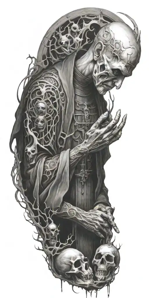 A haunting image of a priest communing with demonic entities in a ritualistic setting tattoo design idea
