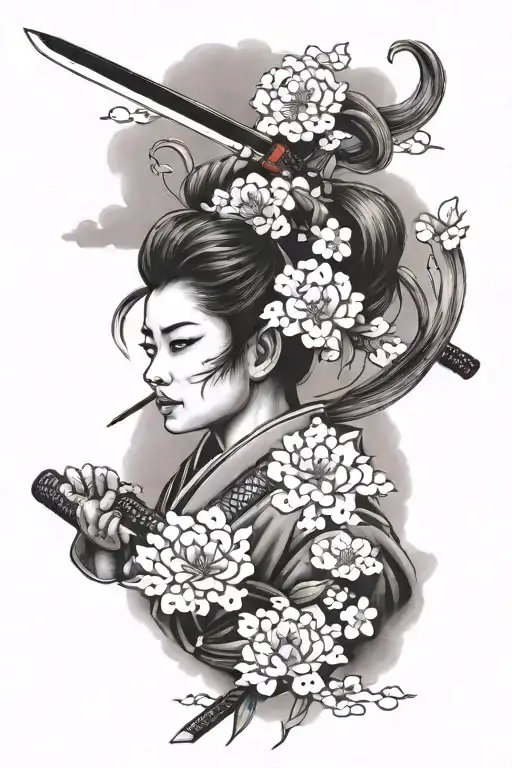 samurai, kunoichi, japanese cloud, sakura flower tattoo design idea