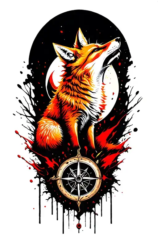 Angry ginger fox howling at the moon with the compass on it in forest. Add Belarusian national symbols. tattoo design idea