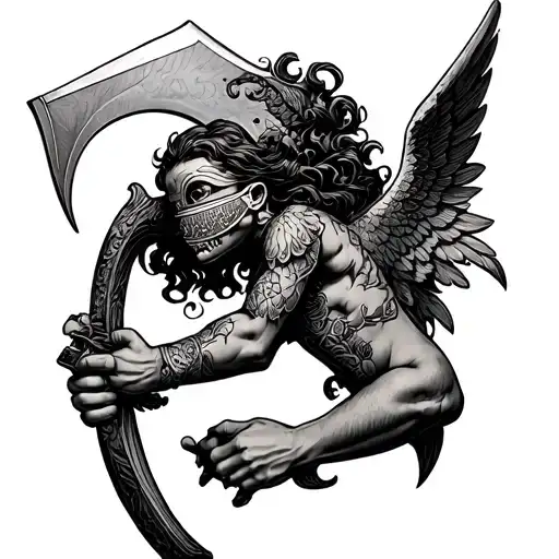 cherub blindfold holding scythe  tattoo design idea