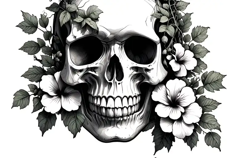 skull with ivy vines wrapped around the skull with hibiscus flowers tattoo design idea