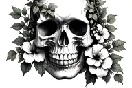 skull with ivy vines wrapped around the skull with hibiscus flowers tattoo design idea