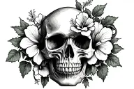 skull with ivy vines wrapped around the skull with hibiscus flowers tattoo design idea