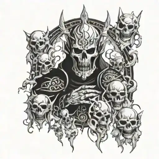 the lich king surrounded by floating ghost faces tattoo design idea