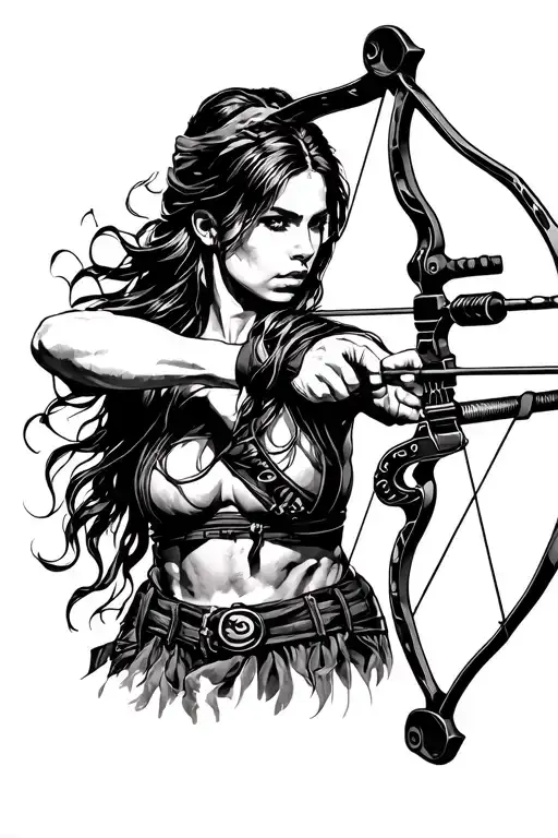 woman archery hunter aiming a compound bow tattoo design idea
