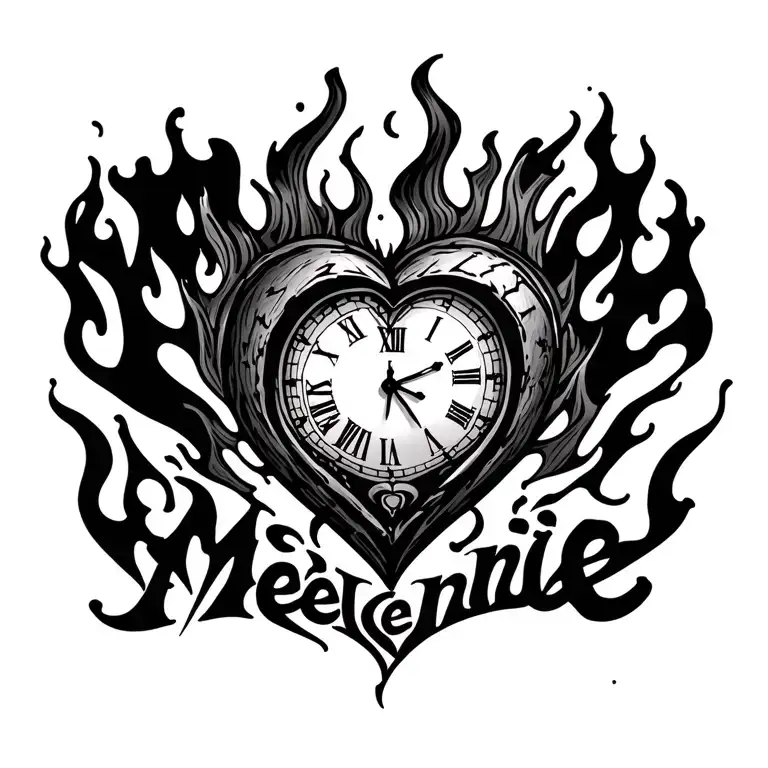 "Mélanie" clock heart in flame tattoo design idea