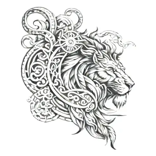 A black and white Viking and Lion inspired tattoo showing strength, courage and dedication tattoo design idea