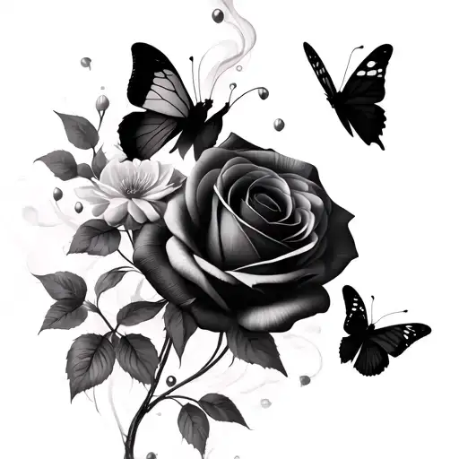 “Black and gray pencil style. smoke trail with butterflies and flowers like roses and cherry blossoms tattoo design idea