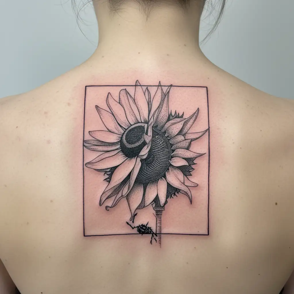 bouquet of sunflowers with ladybug on petal and bumblebees hovering around petals  tattoo design idea