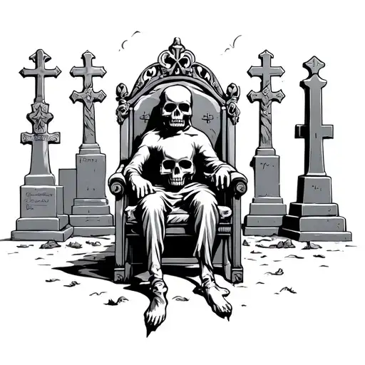 skull in the cemetery sitting on the king's throne tattoo design idea