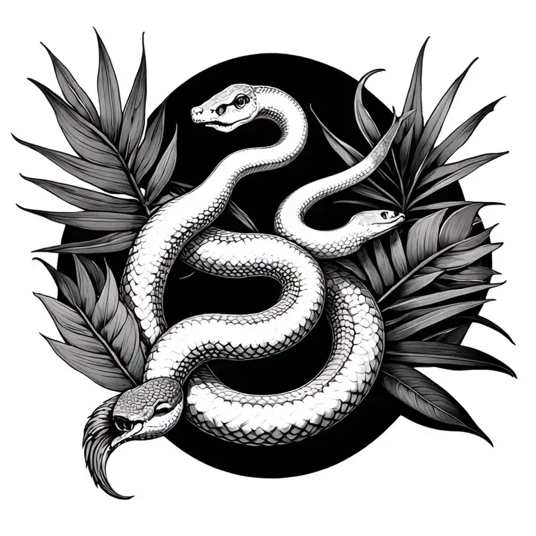 pharmacy with tropical plants and snakes intertwined representing the pharmacy symbol tattoo design idea