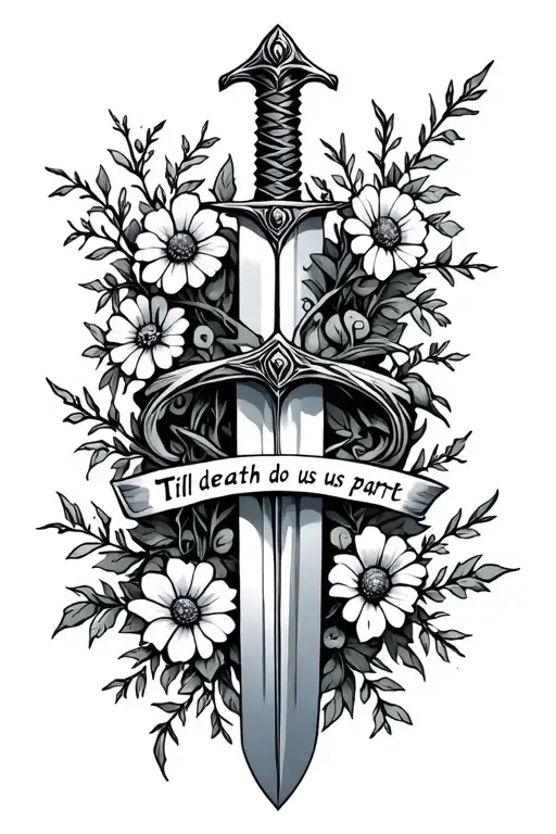 sword with wildflowers and vines wrapped around it and til death do us part engraved on the sword  tattoo design idea