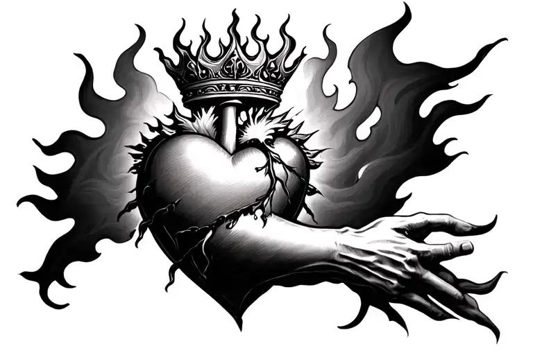 1. Upper arm (shoulder and biceps): • Sacred Heart: A heart with flames coming out of the top and a crown of ESP tattoo design idea