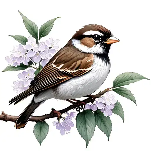 sparrow perched on lilac branch  tattoo design idea