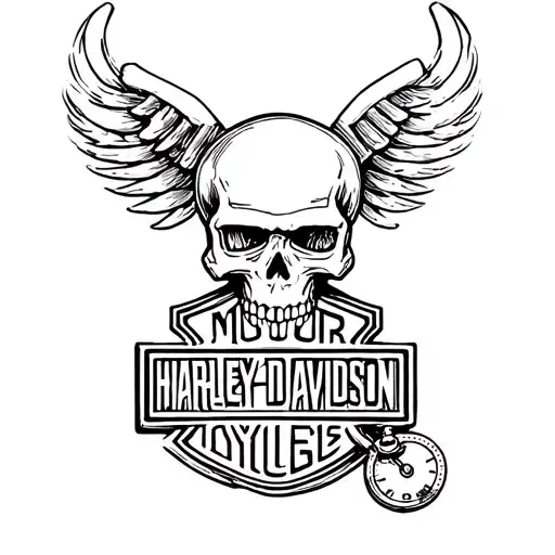 Harley Davidson logo with a skull and pocket watch tattoo design idea