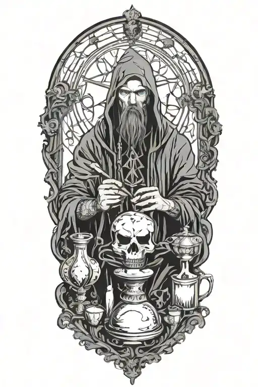 Hodded alchemist performing ritual, tarot cards, beakers, candles tattoo design idea
