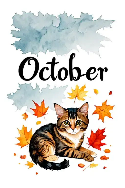 "October" Cat laying on fall leaves on ground tattoo design idea