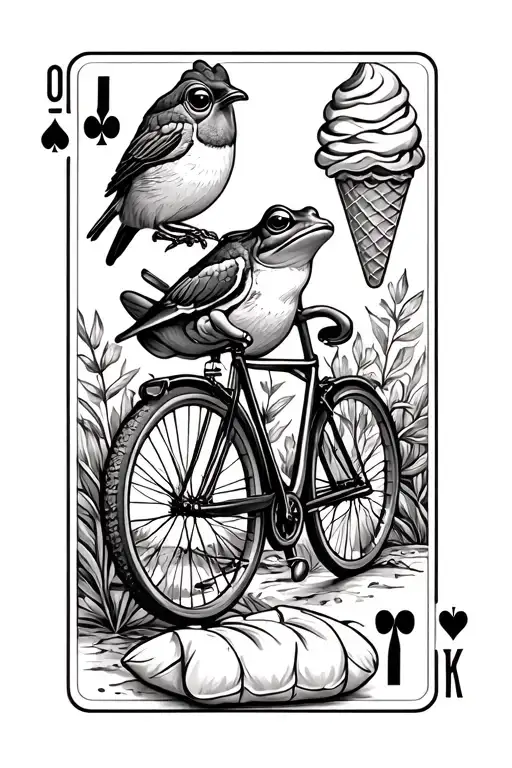 Knplaying card with bike a frog a oriel bird a ice cream and a pillow tattoo design idea