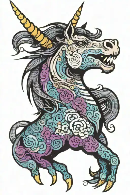 Evil unicorn, vivid rainbow eyed, contrasting with its dark body color, using deep black, deep purple and blue to shade  tattoo design idea