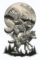 I would like to have 2 adults wolf's with the moon and mountains looking down on 2 cubs playing in the forest near water tattoo design idea