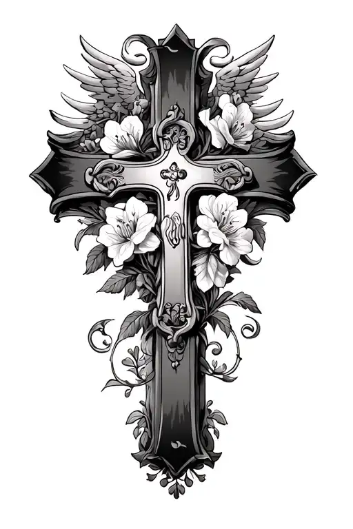 ornate cross with rhododendron surrounding and a scroll banner across the top with wings in the background tattoo design idea