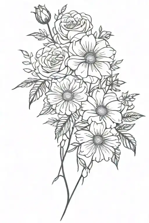 minimalist, roses, honeysuckle, daisies, sweet pea, marigold, cosmos tattoo design idea