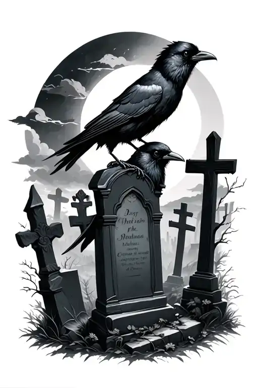 evil crows in a darkest day on cemitery graves tattoo design idea