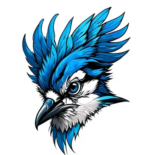 Bluejay angry exaggerated feathers on top of head tattoo design idea