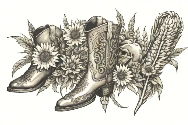 wheat stalk, cowgirl boot, Chrysanthemum, sheep head tattoo design idea