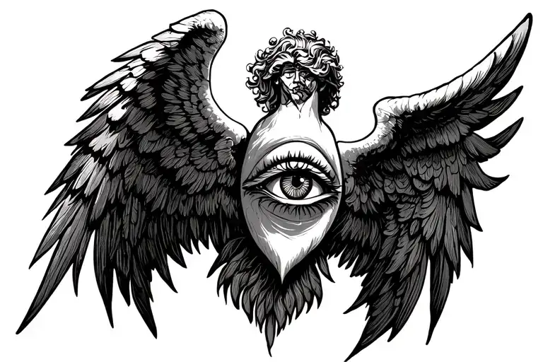 it should be an angel in the old testament style, with an eye in the middle and two large wings that point to the sides, tattoo design idea
