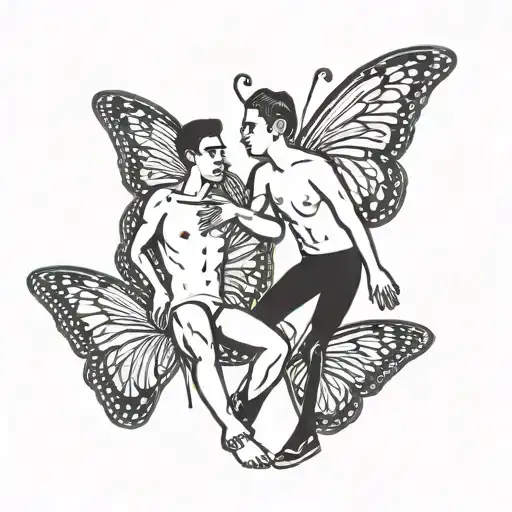 two gay man with butterfly wings symbol of  coming out make it keith haring style, sexual, cutesy, lovers tattoo design idea