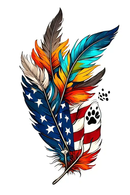 multiple feathers with fall colors with 2 dog paw prints incorporated, american flag, turquoise western jewlery tattoo design idea