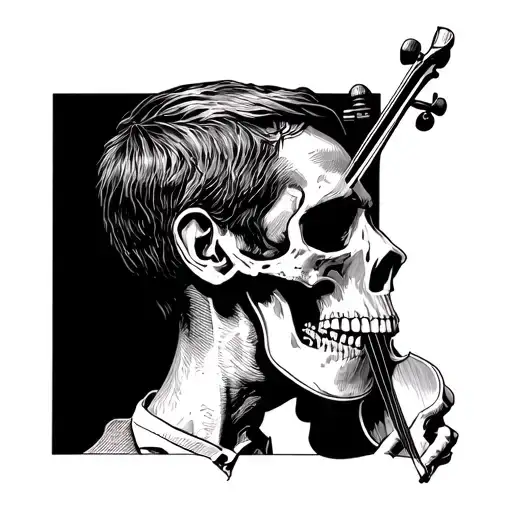 Close-up portrait. Weary, fed-up man. Skeleton playing violin behind ear. Black and grey etching style. Minimalist. Mood tattoo design idea