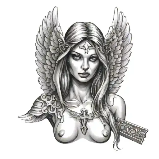 half nakedhooded  female Angel Holding A Cross in front of her tattoo design idea