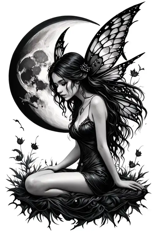 dark fairy sitting and moon tattoo design idea