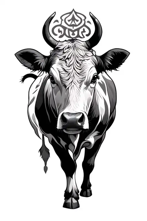Cover up krisna whit cow tatto whit black science and dark europen hungary slavic tale characters tattoo design idea
