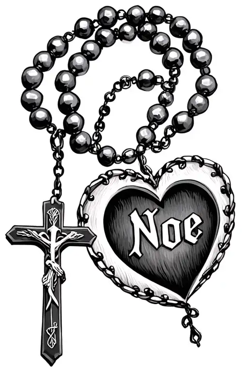 rosary necklace with 5 large beads going down the middle. Then add a heart with the words Noe inside.  tattoo design idea